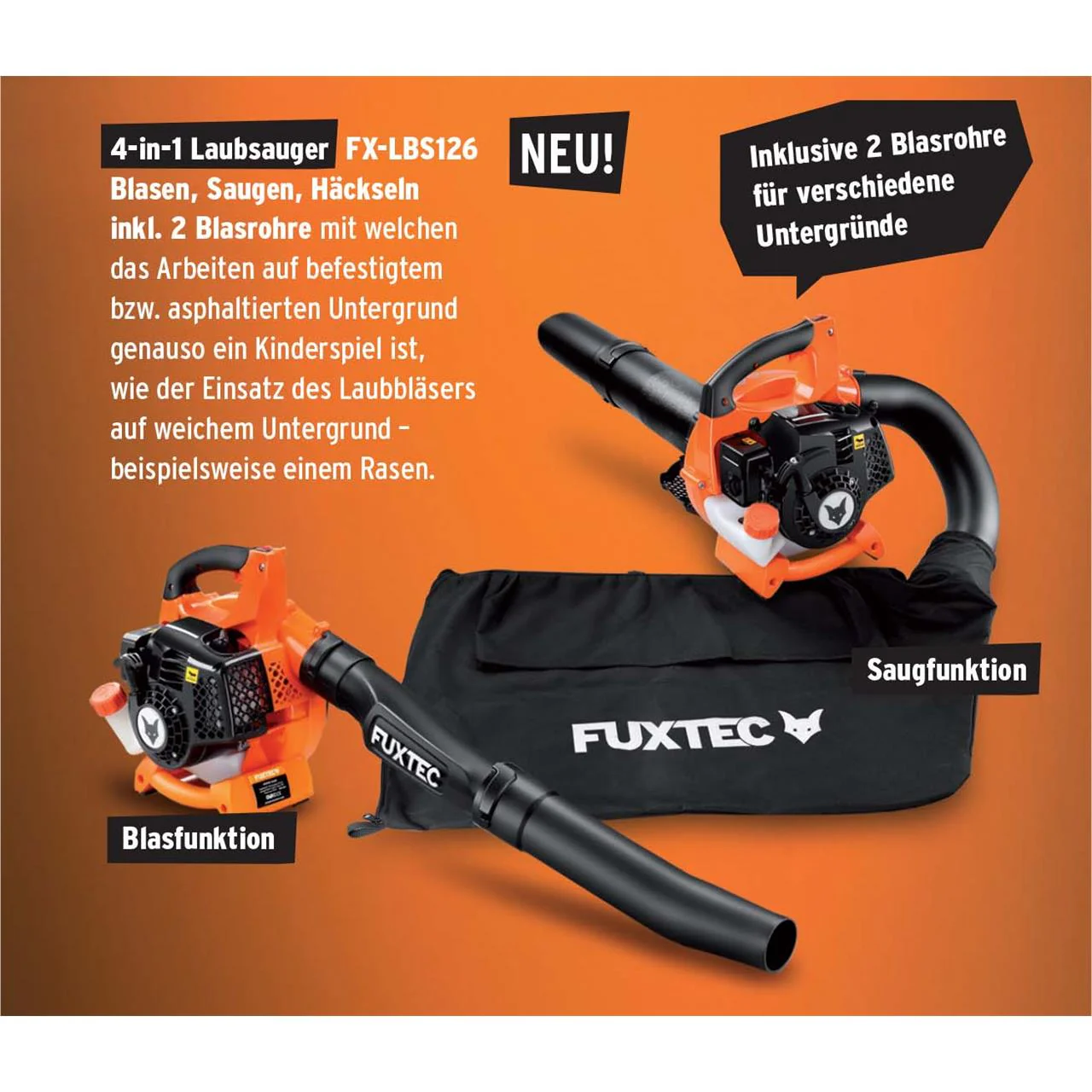 B-WARE FUXTEC FX-LBS126 4 en 1 : aspirateur, souffleur et broyeur de feuilles, avec deux tuyaux de soufflage inclus - Image 3