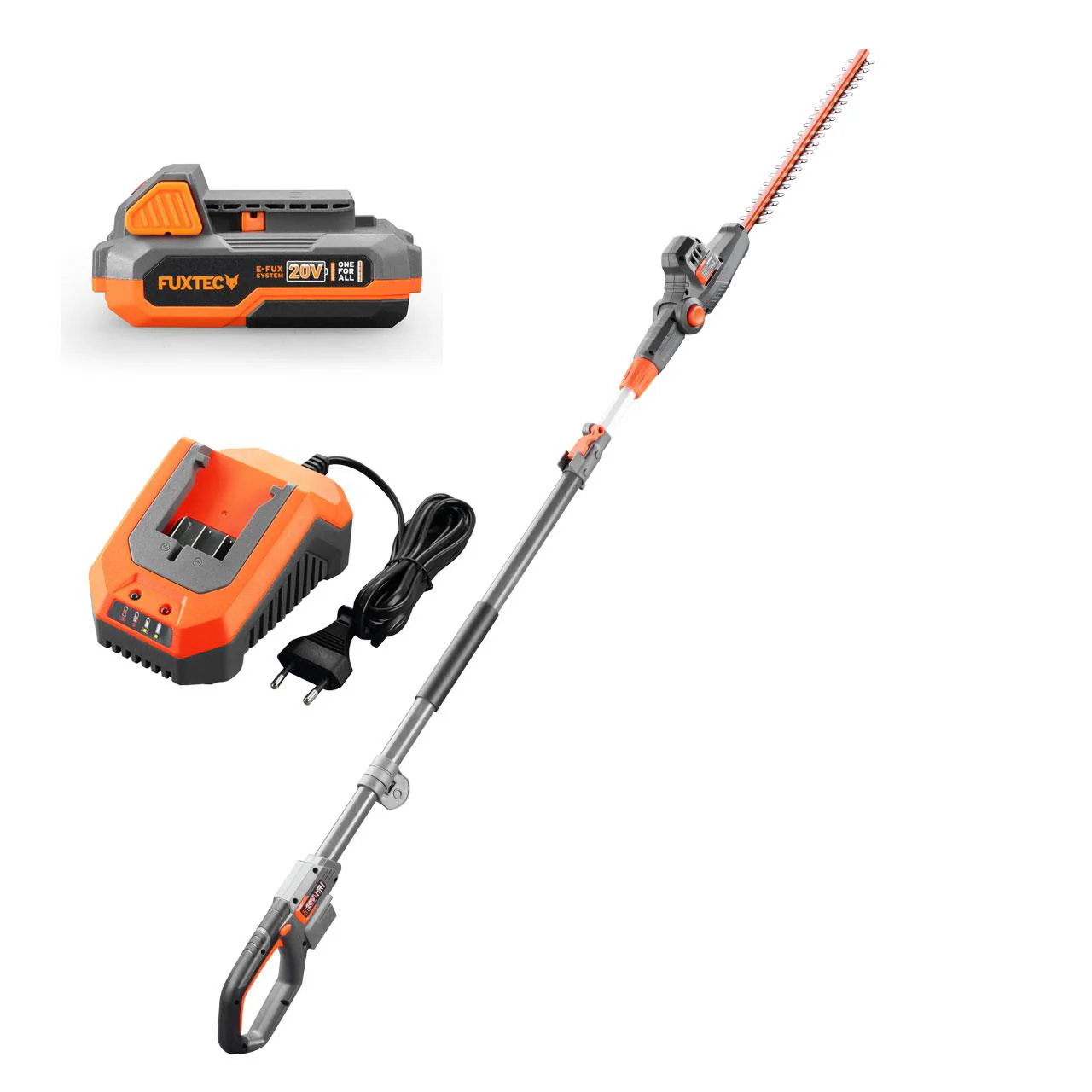 Taille-haies sur perche télescopique à batterie 20V FUXTEC FX-E1HH20 - set batterie et chargeur
