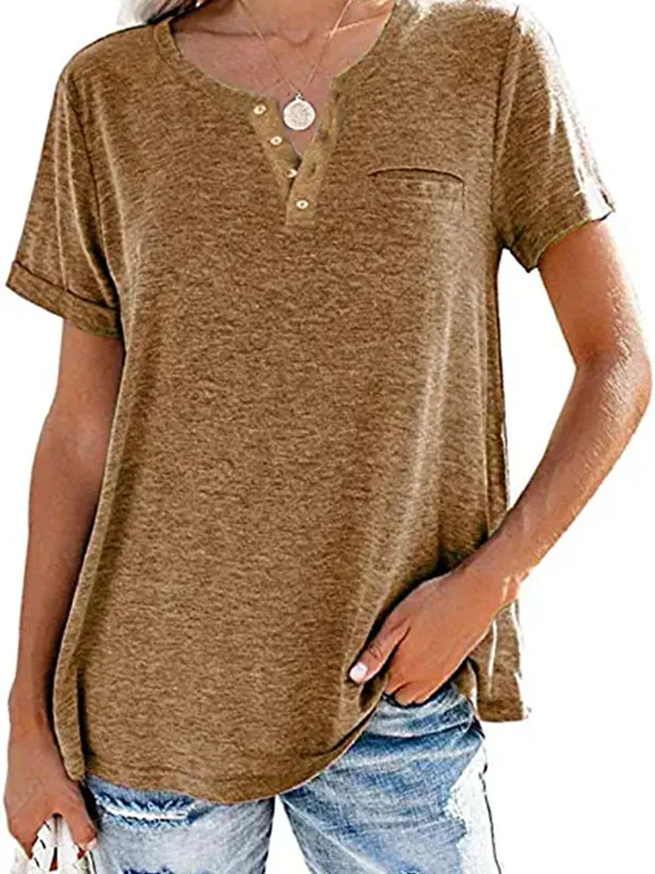 V-Neck Button Short Sleeve Solid Casual Every Day Tops