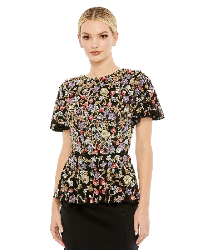 Mac Duggal R5693 Short Sleeve Formal Beaded Floral Sequin Top