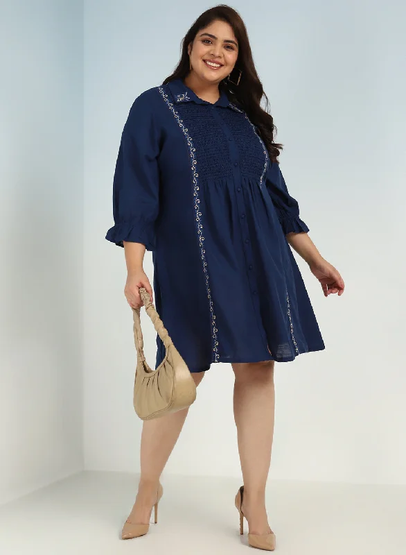 Blue A Line Tunic with Smocking Front and Classic Collar