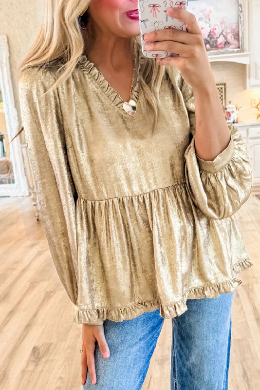 Trendy Metallic V-Neck Blouse with Frill Details