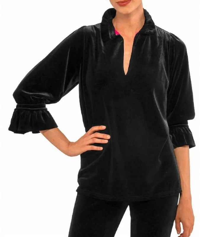 Ruffleneck Tunic In Velvet In Black