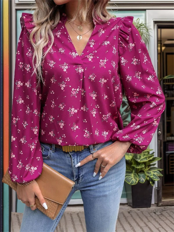 Women Floral Lantern Sleeve Blouse - V-Neck Fall Top