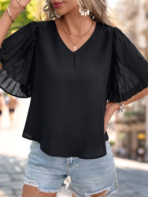 Women Pleated Sleeve V-Neck Blouse