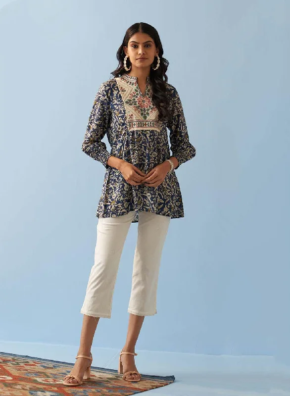 Navy Blue Multi Color Printed Short Tunic with Yoke Embroidery