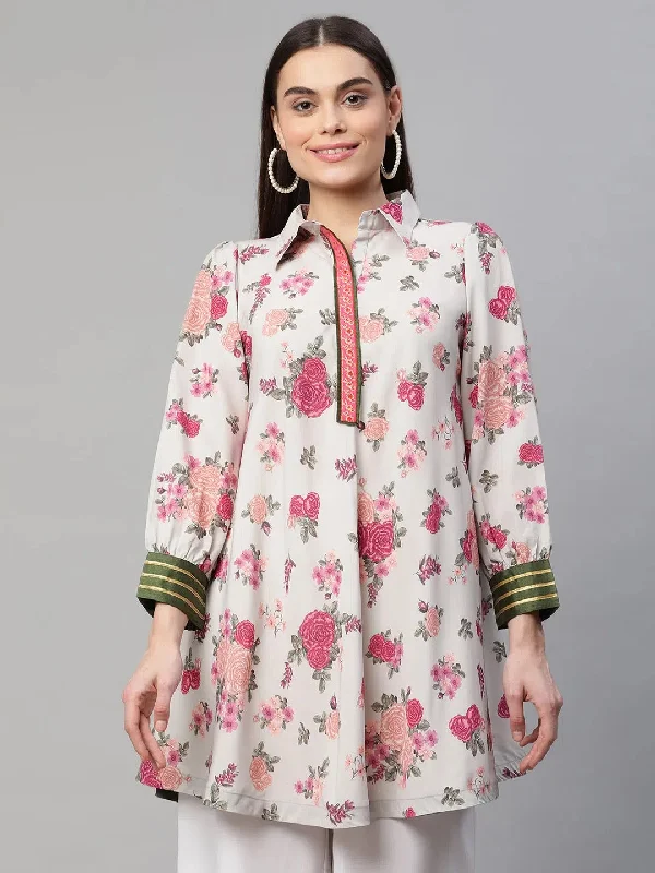 Ahalyaa Women Beige Crepe Digital Floral Print Tunic