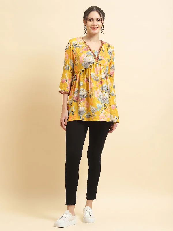 Women Liva Rayon Yellow Floral Print Tunic