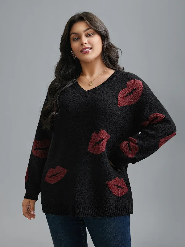 Lip Print Contrast Knit Pullover