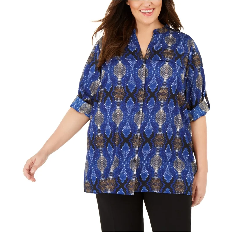 Calvin Klein Womens Snake-Print Tunic Blouse, Blue, 1X