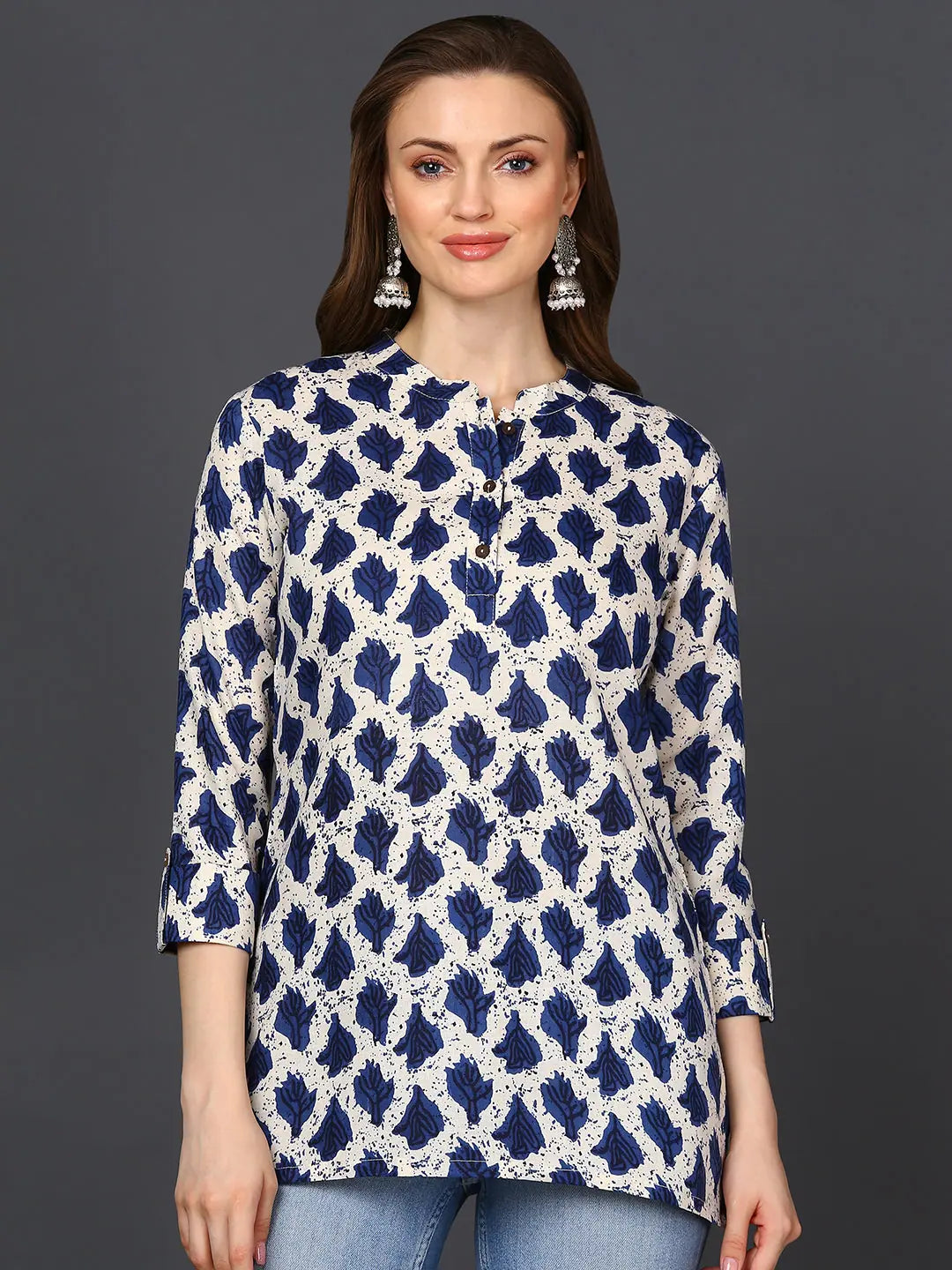 Cotton Blend Off White Ethnic Motif Printed Straight Tunic