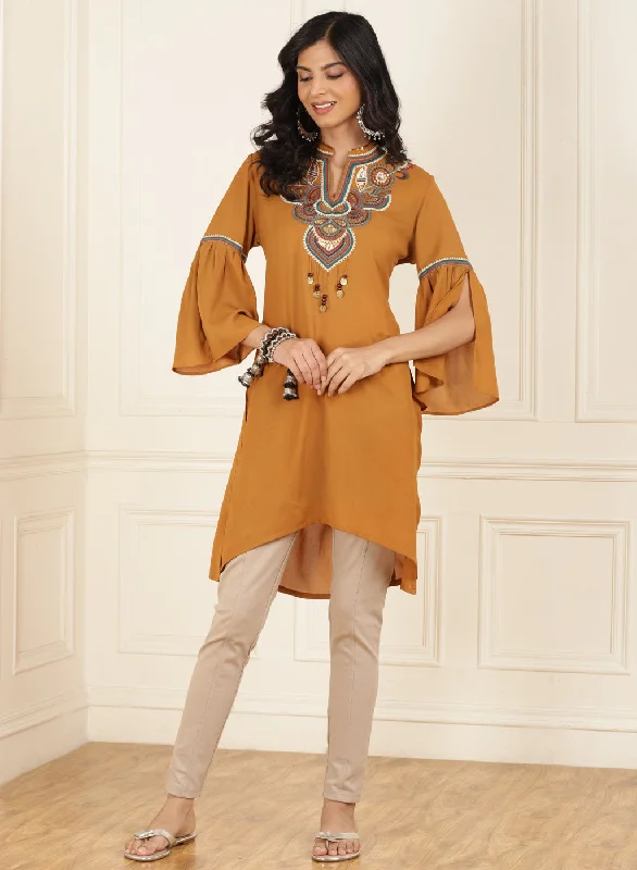 Mustard Embroidered Georgette Tunic for Women