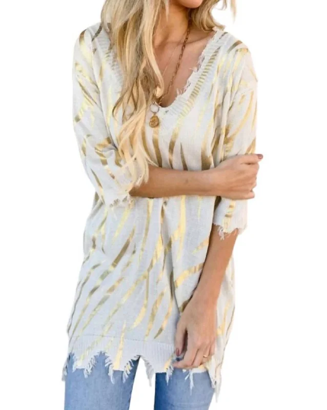 Sigrid Printed Distressed Knit Tunic In Gold