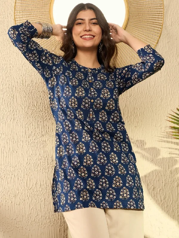 Ahika Women Navy Blue Cotton Blend Ethnic Motifs Printed Regular Tunic-VT1294