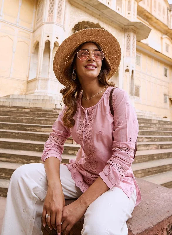 Pink Schiffli Embroidered Tunic with Lace Insert