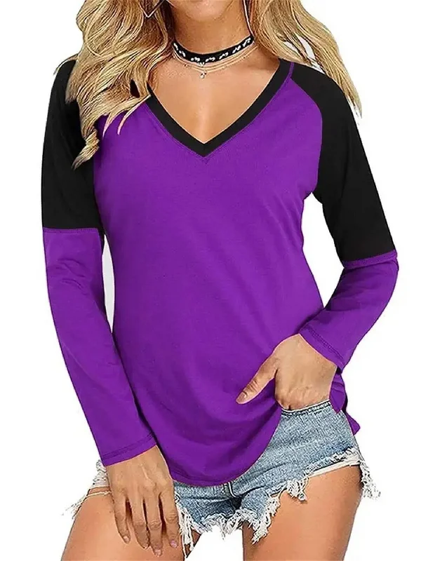 Long Sleeve V Neck Tunic Stylish Relaxed Fit Work T-Shirt