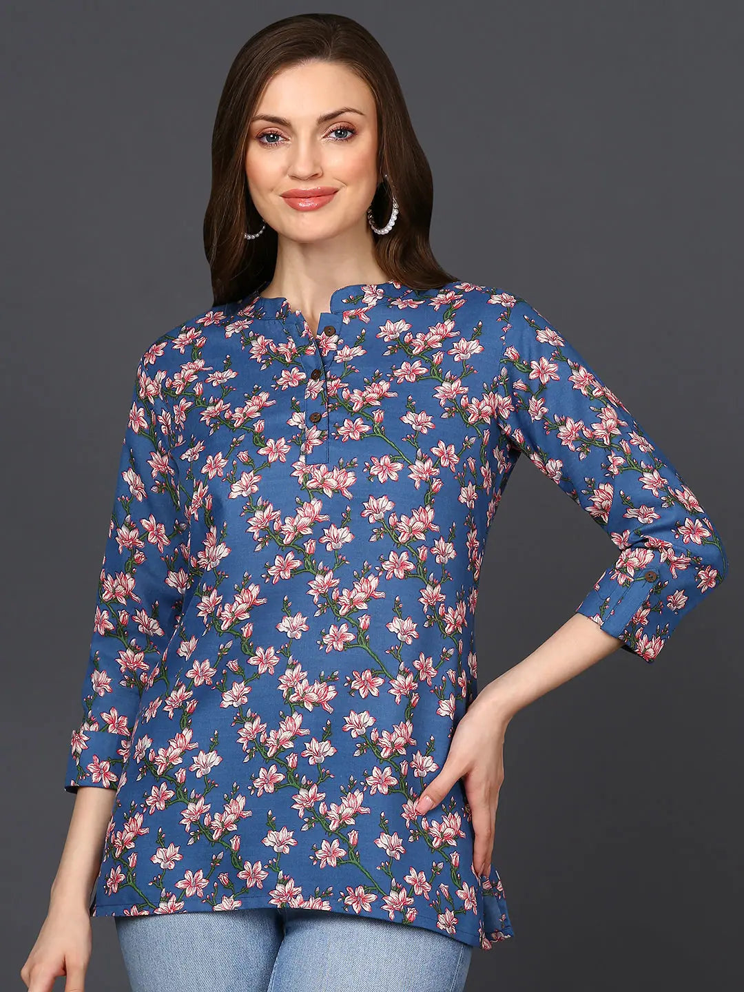 Cotton Blend Blue Floral Printed Straight Tunic