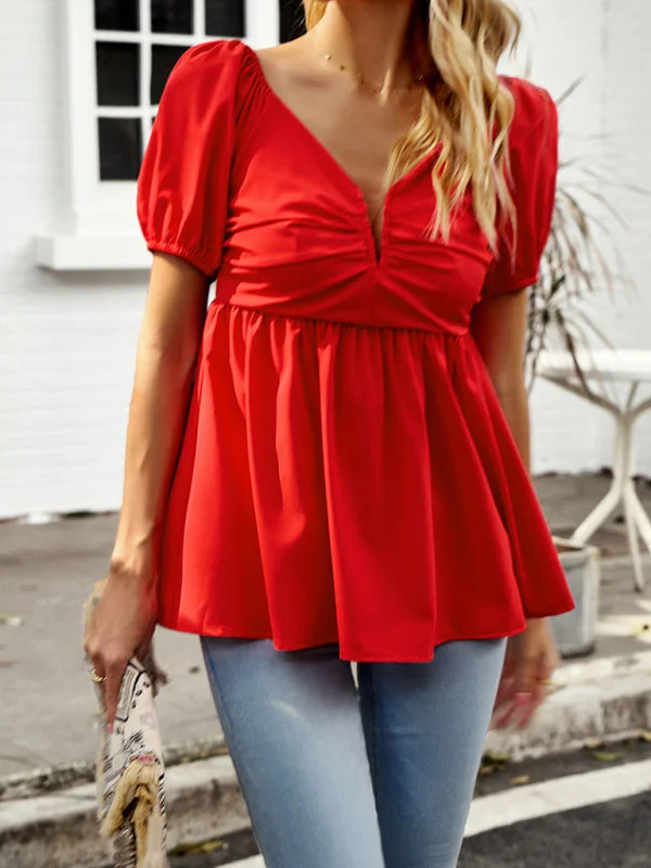 Trendy Peplum Shirred V Neck Blouse - Women's Short Puff Sleeves Top