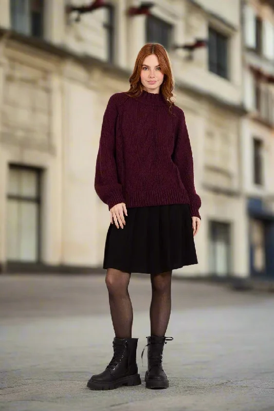 Loose Cable Pullover With Balloon Sleeves And Mock Neck