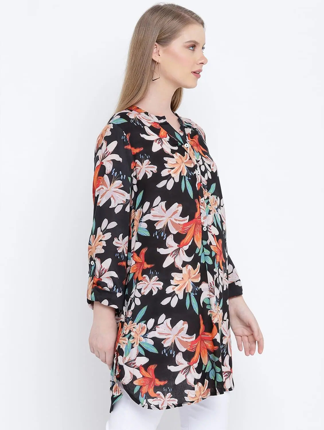 Galician Black Floral Print Casual Tunic