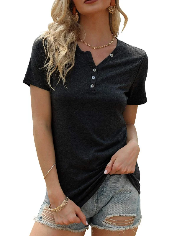 V Neck Button Up Casual Loose Short Sleeve Fashion Summer Shirt