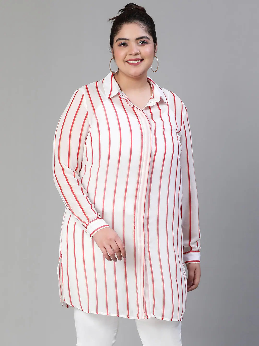 Grunge Stripe Print Button -Down Plus Size Women Tunic