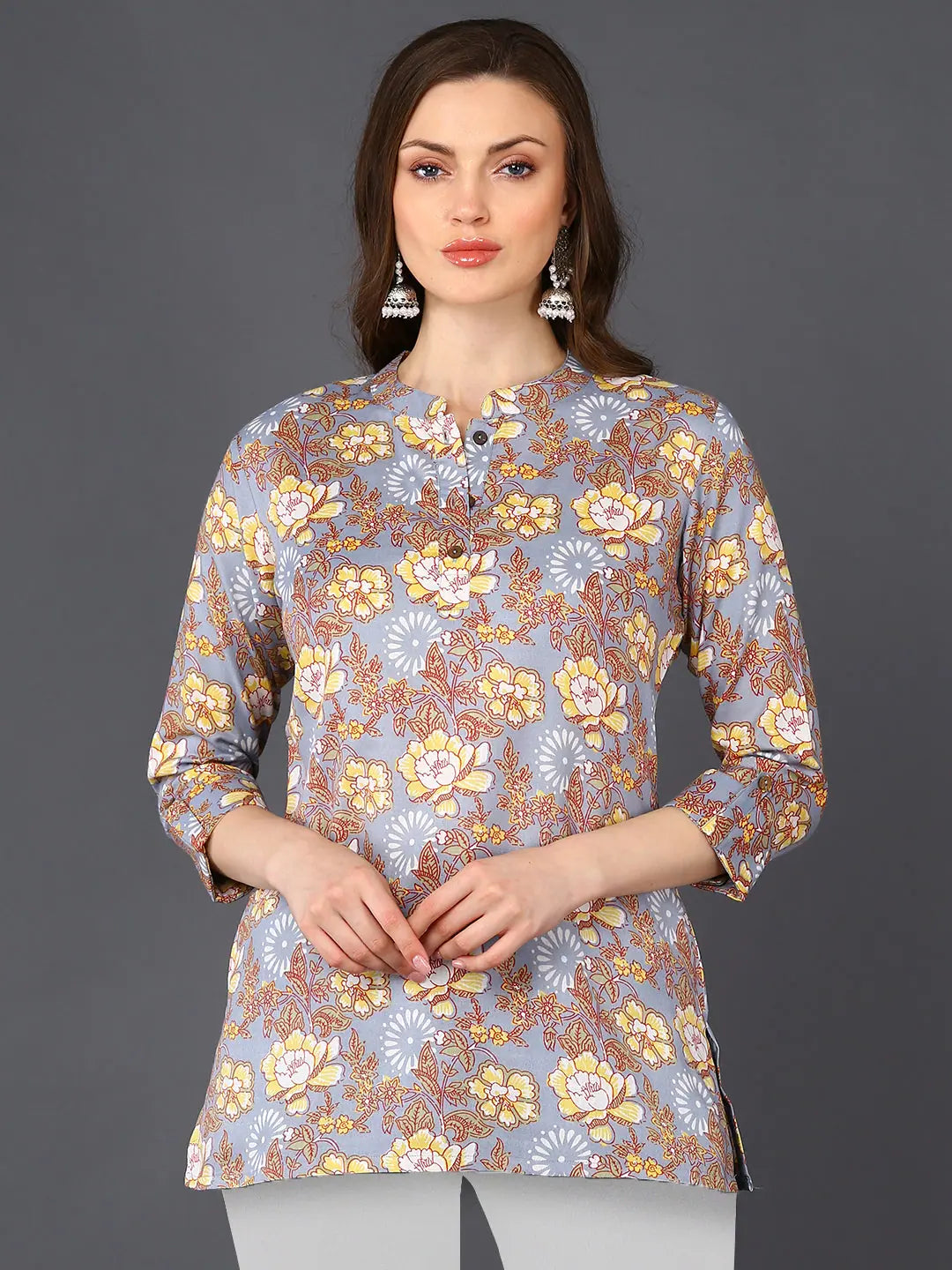 Cotton Blend Grey Floral Printed Straight Tunic