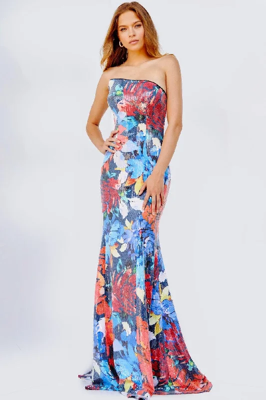 Jovani 23907 Long Strapless Floral Print Prom Gown