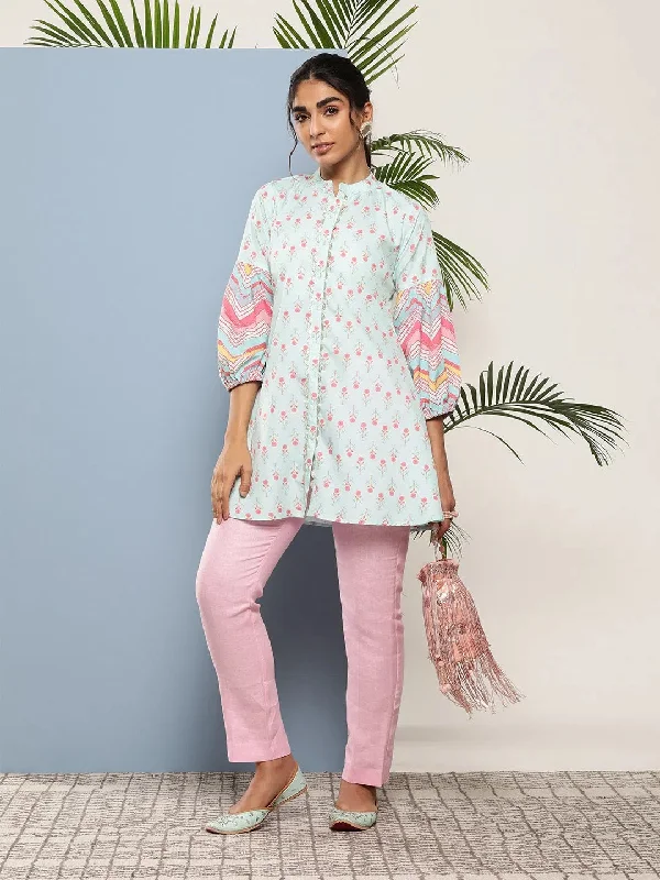 Ahalyaa Sea Green Pink Mandarin Collar Printed Tunic