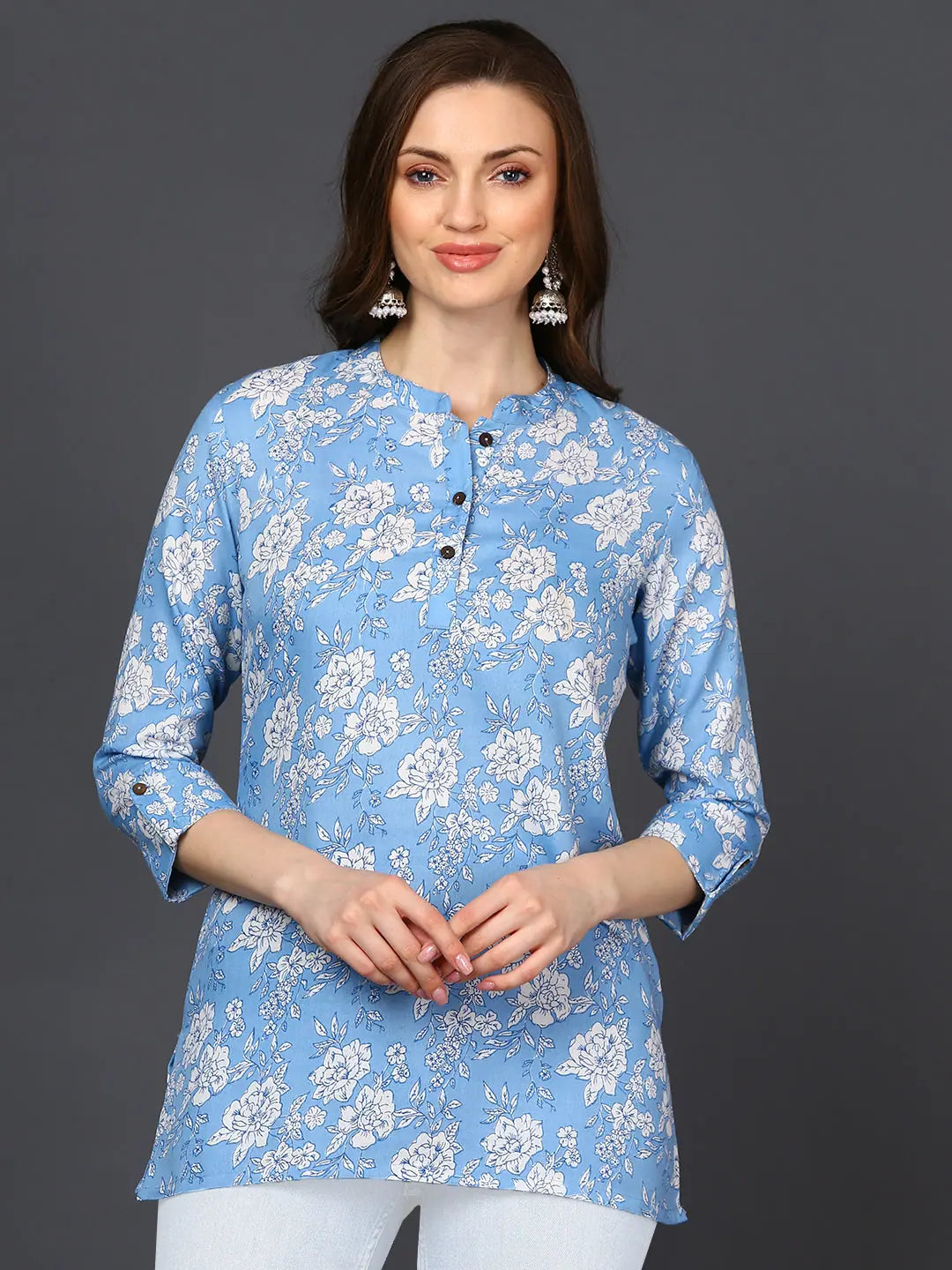 Cotton Blend Light Blue Floral Printed Straight Tunic