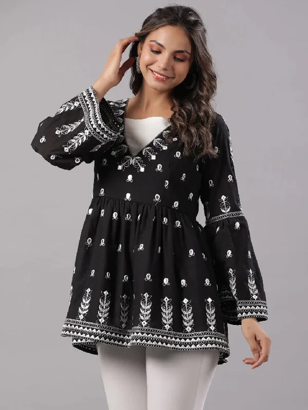 Juniper Women Black Cotton Dobby Embroidered Peplum Tunic.