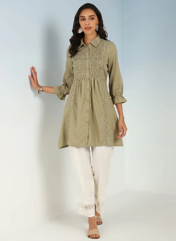 Green A Line Tunic with Smocking Front and Classic Collar