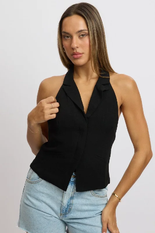 Black Vest Top V Neck Halter Neck Open Back