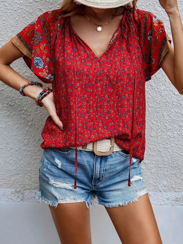 Women's Bohemian V-Neck Floral Loose Blouse with Flared Sleeves