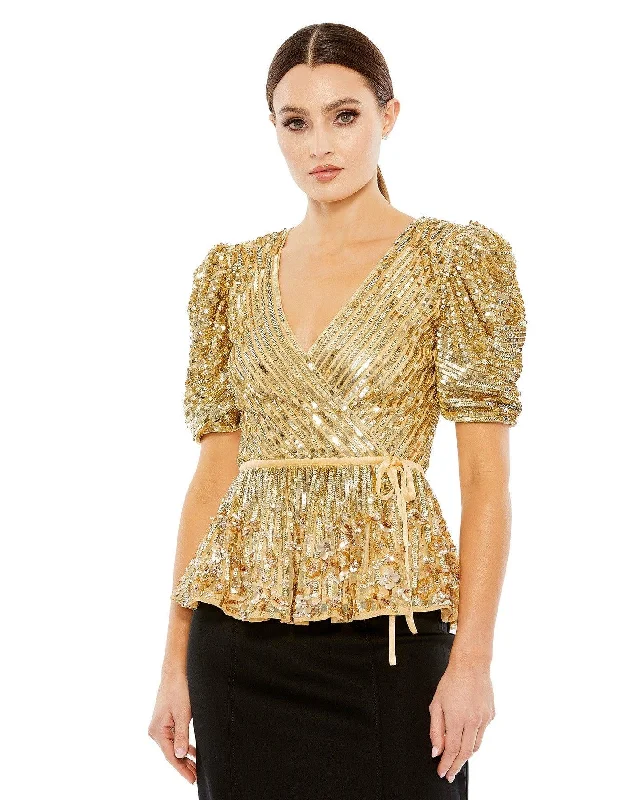 Mac Duggal R5694 Formal Beaded Sequin Short Sleeve Top