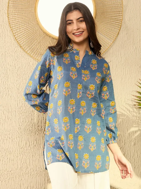 Ahika Women Blue Cotton Blend Floral Printed Regular Tunic-VT1300