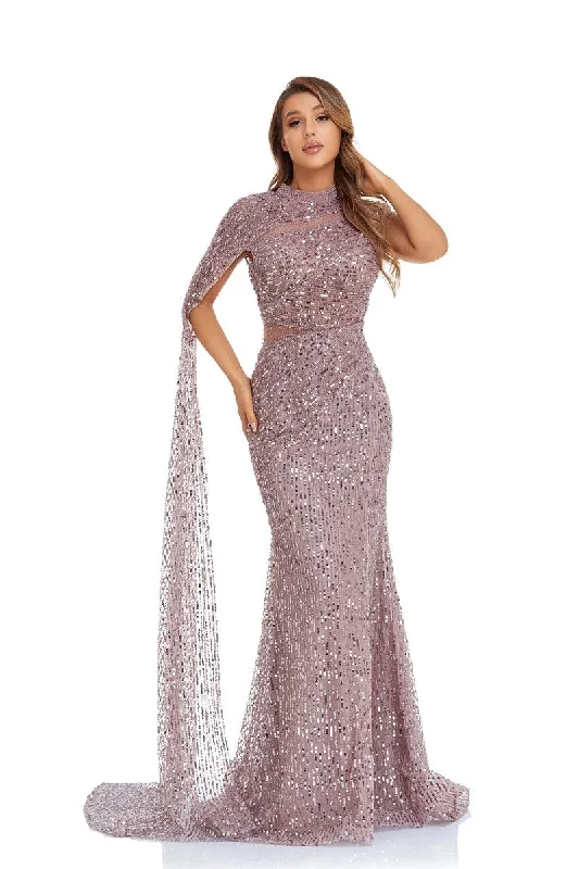 High Couture NR2253 Prom Long Cap Sleeve Beaded Formal Dress