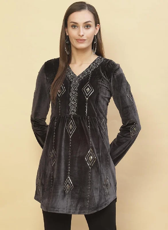 Slate Grey Embroidered Velvet Tunic With Sequins