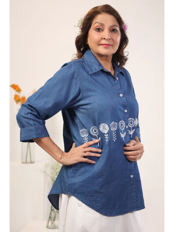 Elite Floral Embroidery Denim Tunic Shirt