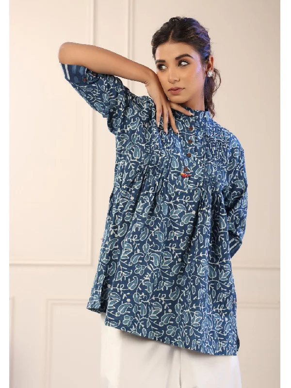 Neganika Indigo Blue Floral Print Tunic Top