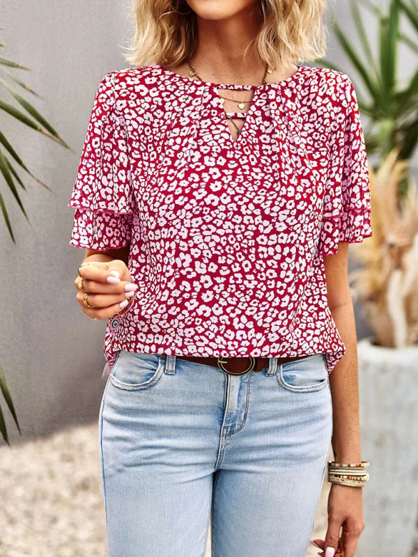 Women's V-Neck Keyhole Blouse - Floral Double Layer Sleeve Top