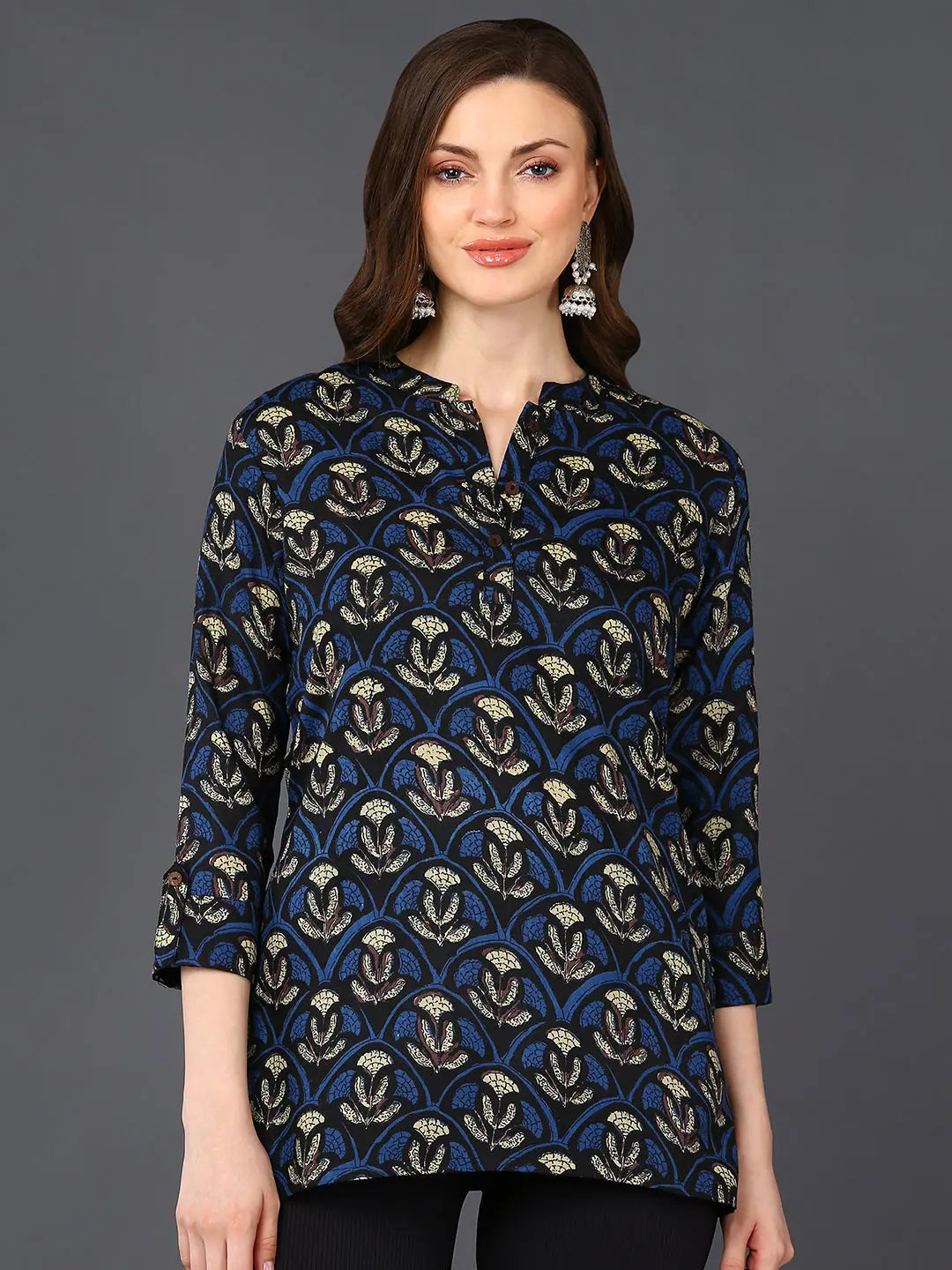 Cotton Blend Black Ethnic Motif Printed Straight Tunic