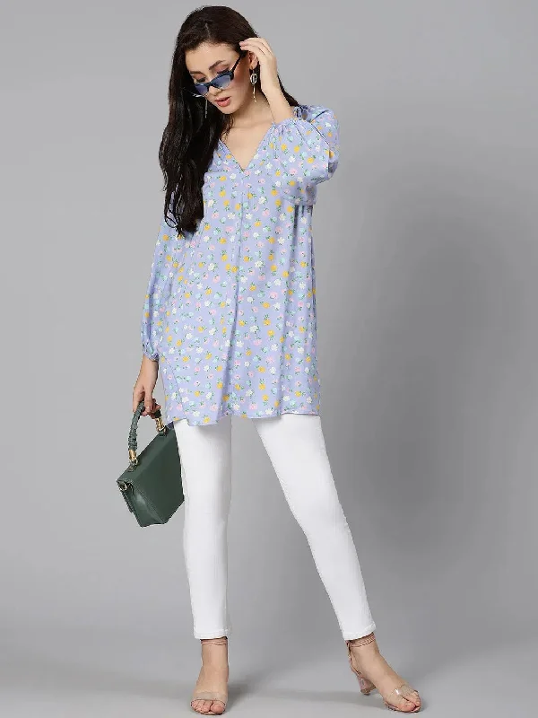 Soft blue floral printed women tunic