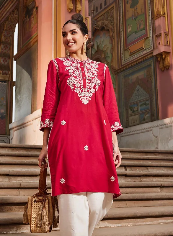 Saadgi Red Embroidered Cotton Linen Tunic for Women