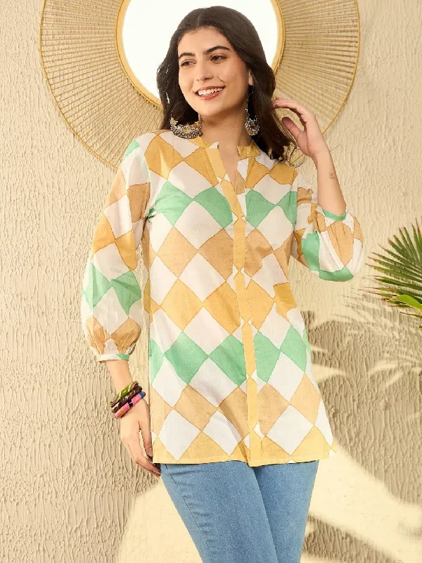 Ahika Women White Cotton Blend Geometric Printed Regular Tunic-VT1273WHT