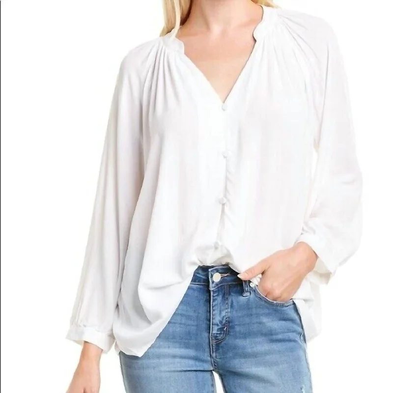 Flora Button-Up V-Neck Long Sleeve Tunic Top In White