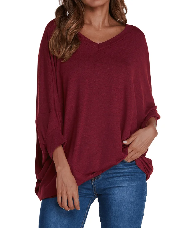 Women Pullover V Neck Long Sleeve Irregular Hem Casual Loose Blouse