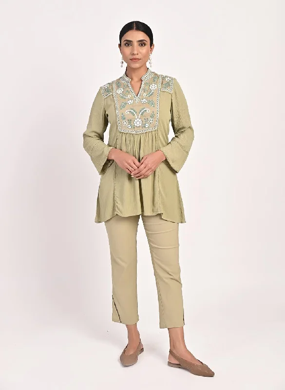 Sage Green Collared Tunic with Embroidery at Yoke