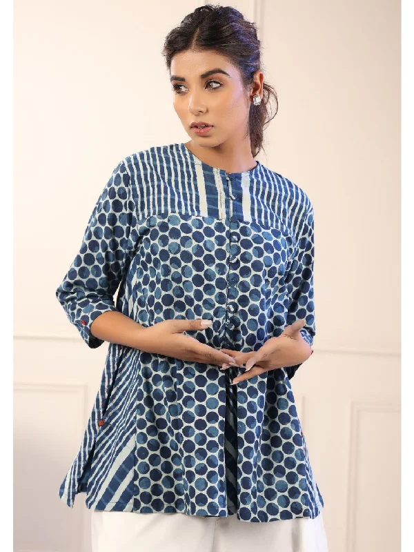 Navya Indigo Cotton Polka Print Tunic Top