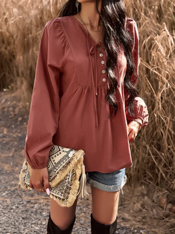 Textured Cotton Lantern Sleeve V-Neck Peplum Blouse